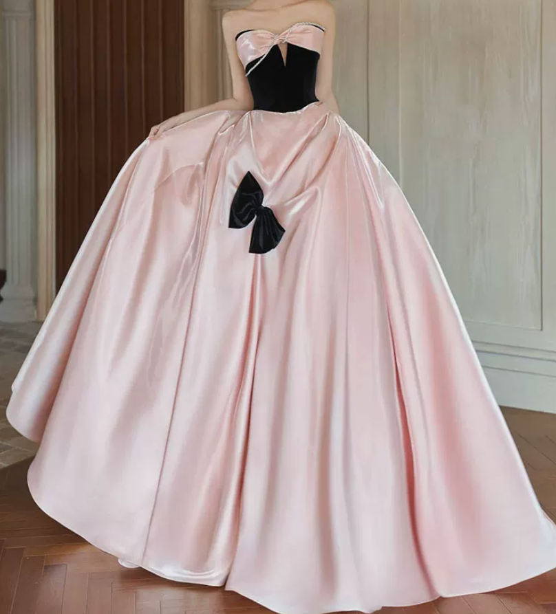 Sweet Strapless Beading Pink Prom Dress Bow Satin A-Line Evening Dress C8842