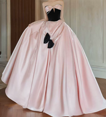 Sweet Strapless Beading Pink Prom Dress Bow Satin A-Line Evening Dress C8842