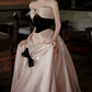 Sweet Strapless Beading Pink Prom Dress Bow Satin A-Line Evening Dress C8842