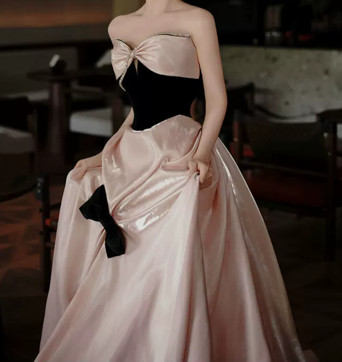 Sweet Strapless Beading Pink Prom Dress Bow Satin A-Line Evening Dress C8842