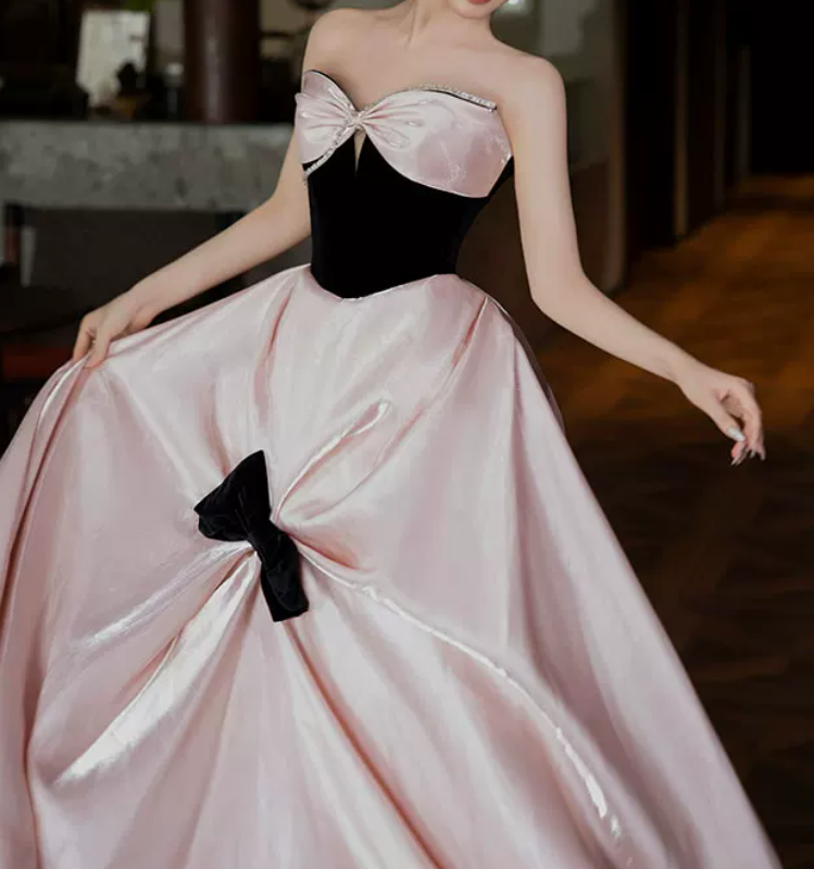 Sweet Strapless Beading Pink Prom Dress Bow Satin A-Line Evening Dress C8842