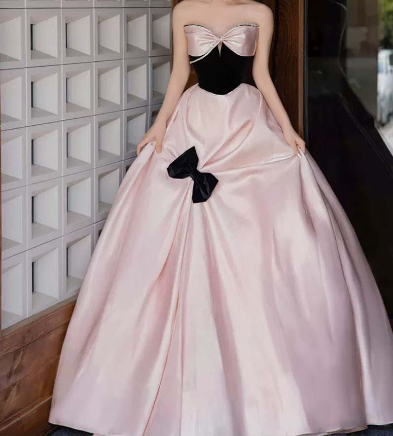 Sweet Strapless Beading Pink Prom Dress Bow Satin A-Line Evening Dress C8842