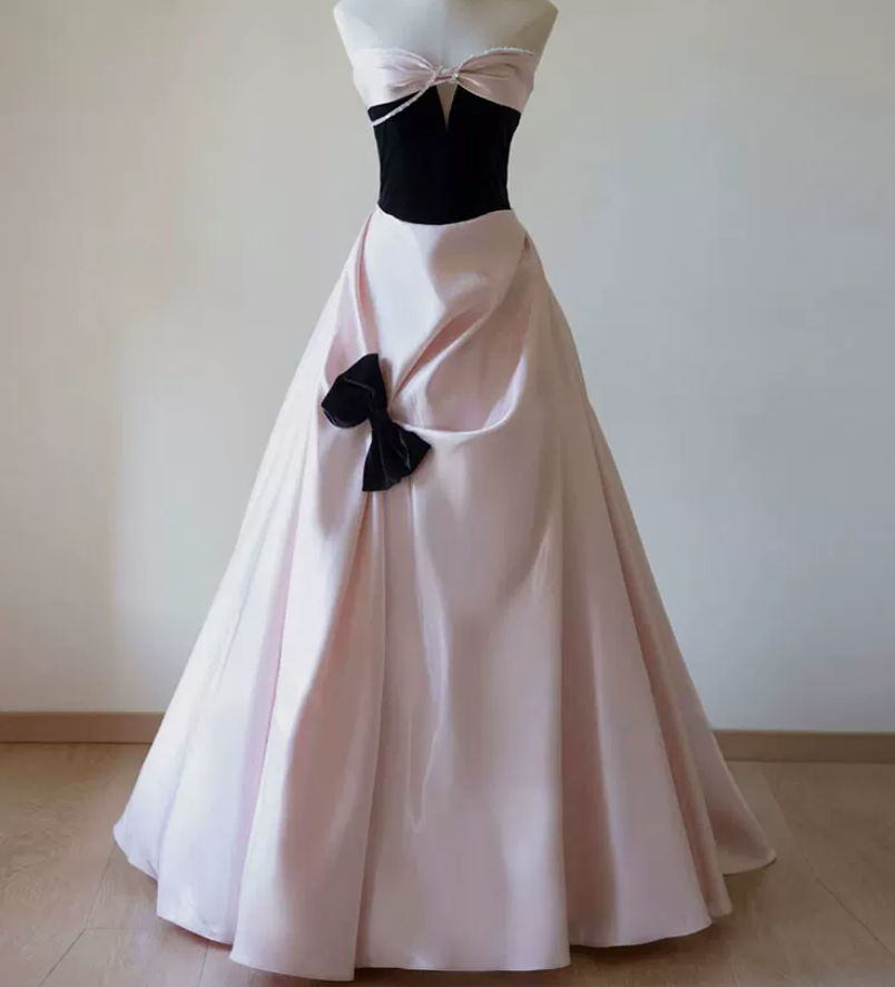 Sweet Strapless Beading Pink Prom Dress Bow Satin A-Line Evening Dress C8842