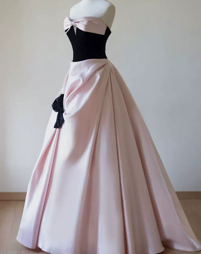 Sweet Strapless Beading Pink Prom Dress Bow Satin A-Line Evening Dress C8842