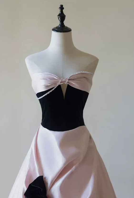 Sweet Strapless Beading Pink Prom Dress Bow Satin A-Line Evening Dress C8842
