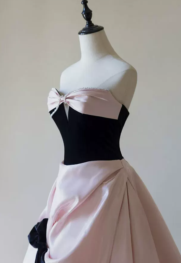 Sweet Strapless Beading Pink Prom Dress Bow Satin A-Line Evening Dress C8842