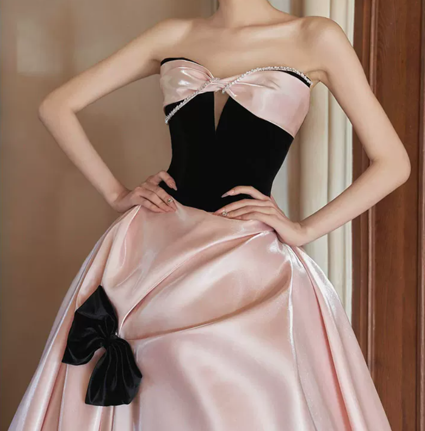 Sweet Strapless Beading Pink Prom Dress Bow Satin A-Line Evening Dress C8842
