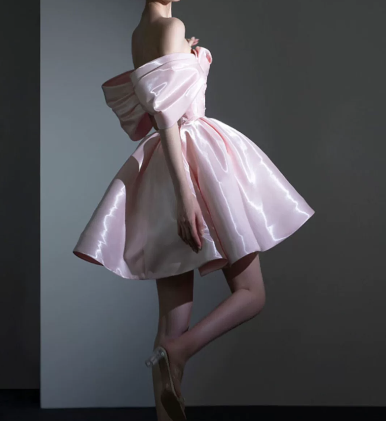 Chic Off-Shoulder Pink Homecoming Dress Satin A-Line Birthday Dress C8843