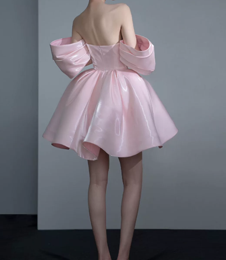 Chic Off-Shoulder Pink Homecoming Dress Satin A-Line Birthday Dress C8843