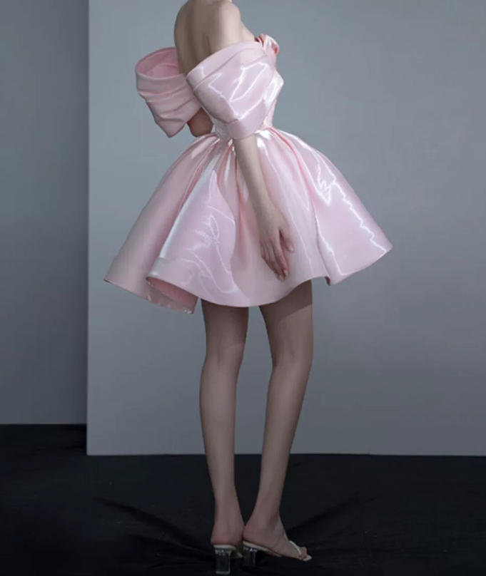 Chic Off-Shoulder Pink Homecoming Dress Satin A-Line Birthday Dress C8843