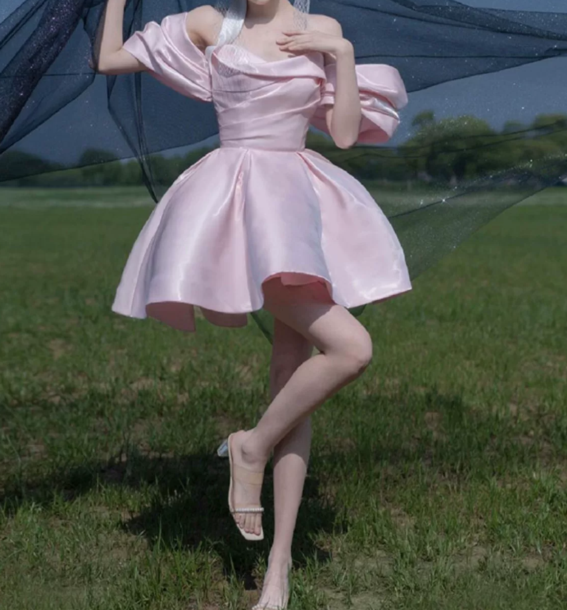 Chic Off-Shoulder Pink Homecoming Dress Satin A-Line Birthday Dress C8843