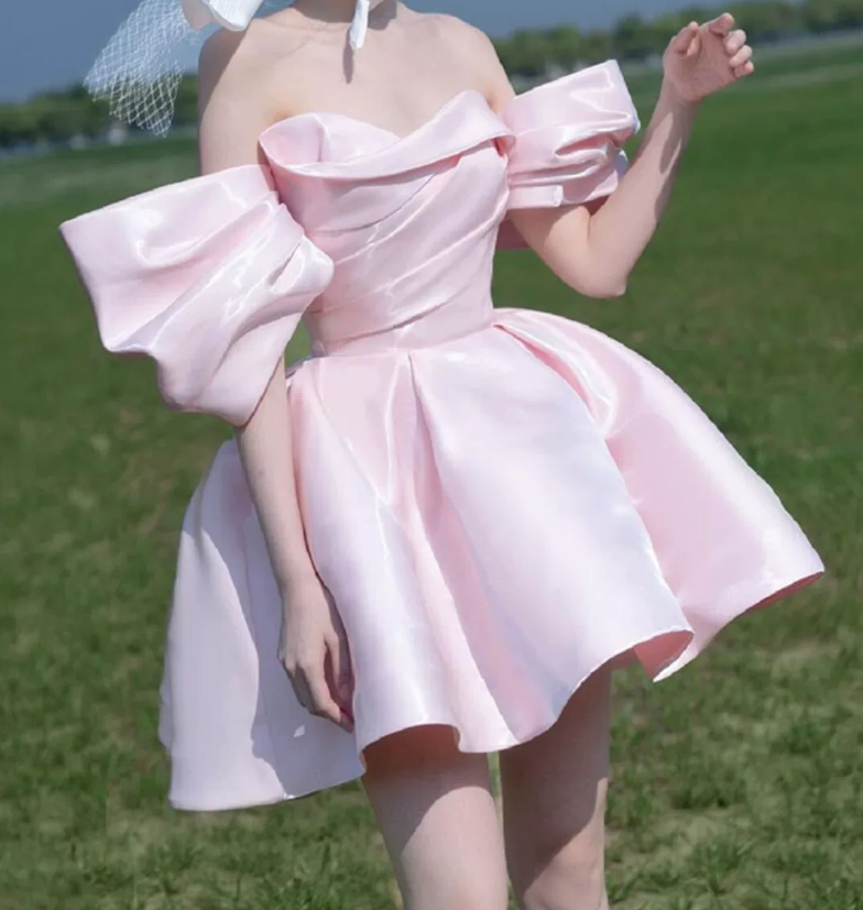 Chic Off-Shoulder Pink Homecoming Dress Satin A-Line Birthday Dress C8843