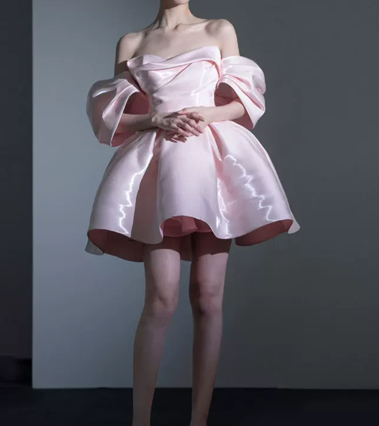 Chic Off-Shoulder Pink Homecoming Dress Satin A-Line Birthday Dress C8843