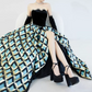 Retro Black Bodice Strapless Prom Dress Plaid Slit Beaded A-Line Evening Dress C8844