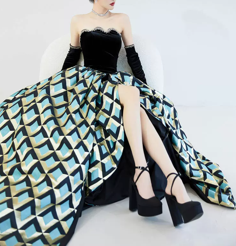 Retro Black Bodice Strapless Prom Dress Plaid Slit Beaded A-Line Evening Dress C8844