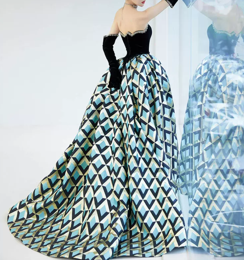 Retro Black Bodice Strapless Prom Dress Plaid Slit Beaded A-Line Evening Dress C8844