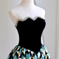 Retro Black Bodice Strapless Prom Dress Plaid Slit Beaded A-Line Evening Dress C8844