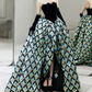 Retro Black Bodice Strapless Prom Dress Plaid Slit Beaded A-Line Evening Dress C8844