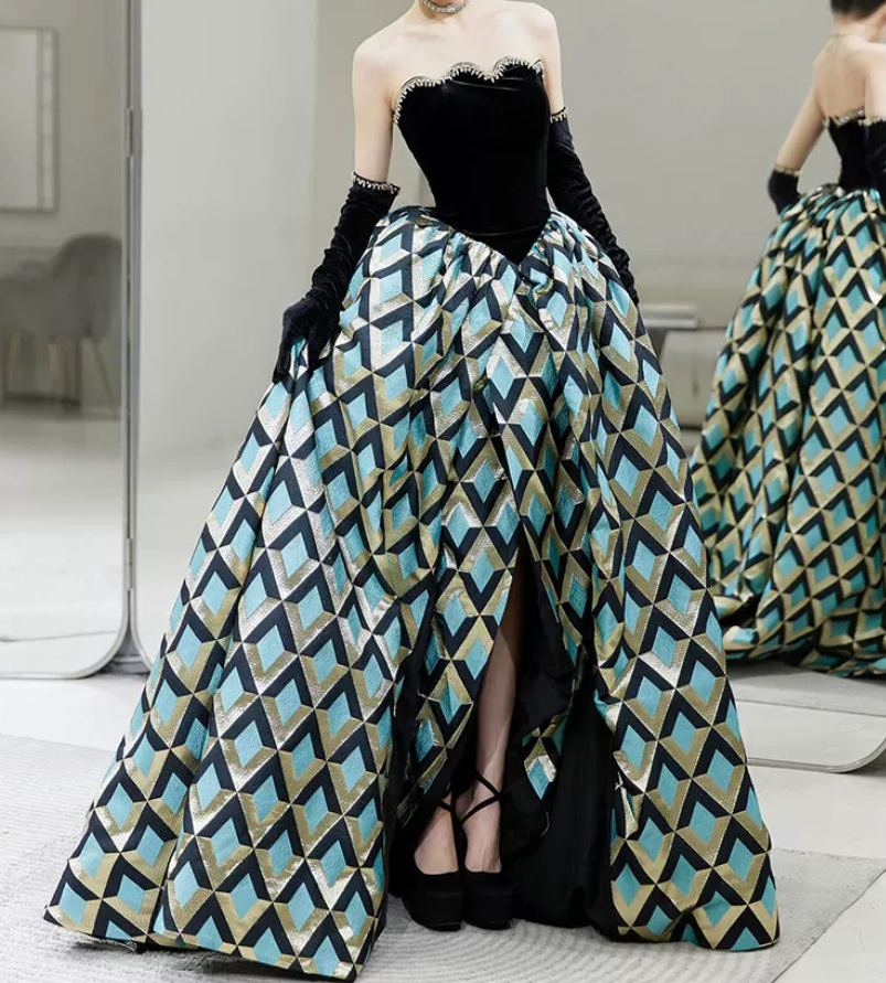 Retro Black Bodice Strapless Prom Dress Plaid Slit Beaded A-Line Evening Dress C8844