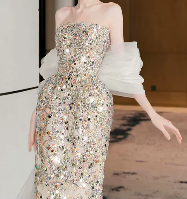 Robe de bal de princesse bustier à volants en satin long, robe de soirée C8117