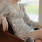 Charming V Neck Silver Prom Dress Long Sleeve Sequins Slit Evening Dress C8847