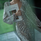 Charming V Neck Silver Prom Dress Long Sleeve Sequins Slit Evening Dress C8847