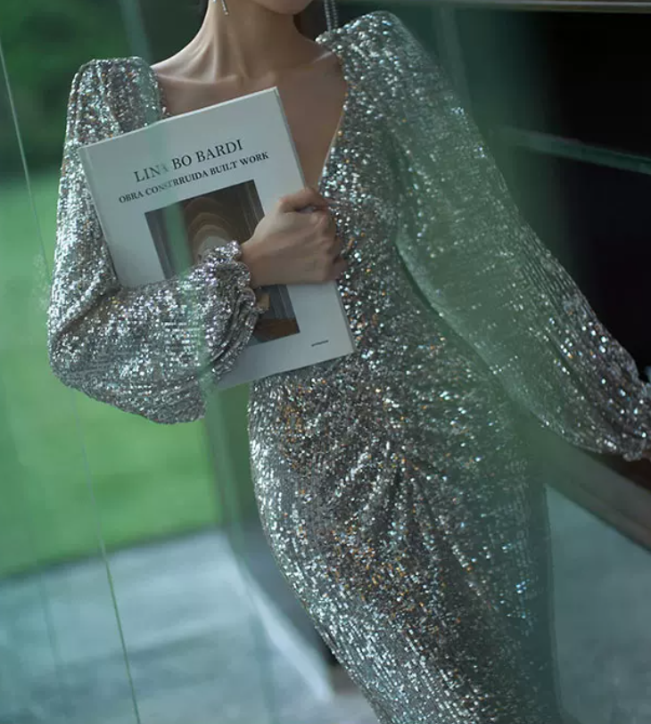 Charming V Neck Silver Prom Dress Long Sleeve Sequins Slit Evening Dress C8847