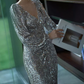 Charming V Neck Silver Prom Dress Long Sleeve Sequins Slit Evening Dress C8847