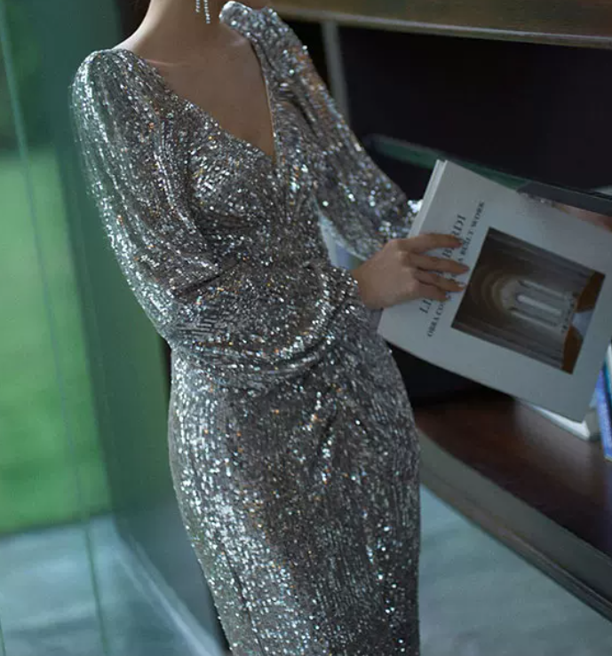 Charming V Neck Silver Prom Dress Long Sleeve Sequins Slit Evening Dress C8847