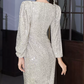 Charming V Neck Silver Prom Dress Long Sleeve Sequins Slit Evening Dress C8847