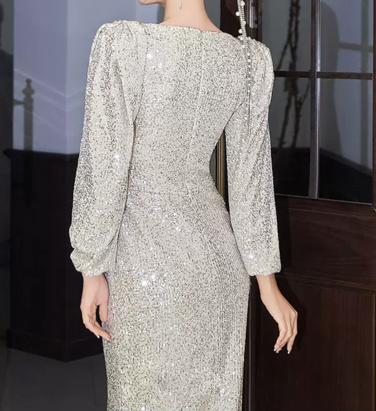 Charming V Neck Silver Prom Dress Long Sleeve Sequins Slit Evening Dress C8847