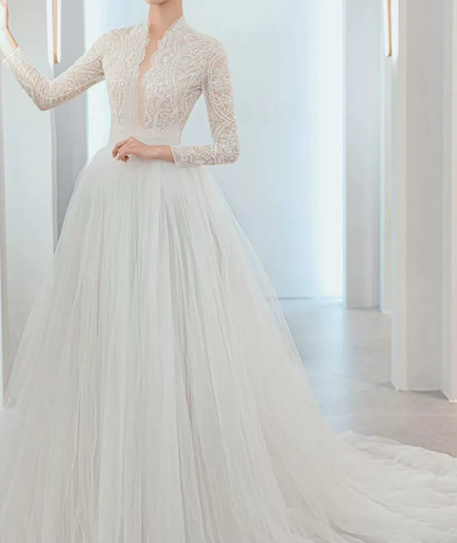 Romantic Beaded Lace Wedding Dresses Long Sleeve Tulle A-Line Bridal Dress C8848