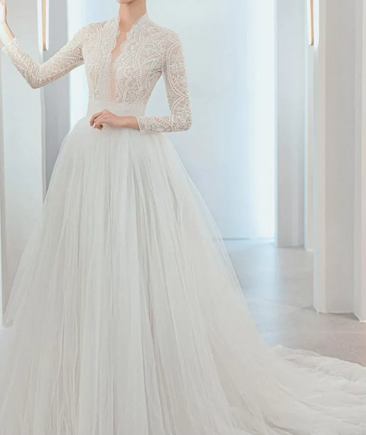 Romantic Beaded Lace Wedding Dresses Long Sleeve Tulle A-Line Bridal Dress C8848