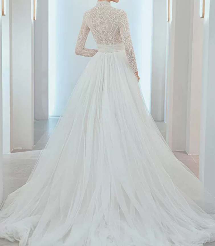 Romantic Beaded Lace Wedding Dresses Long Sleeve Tulle A-Line Bridal Dress C8848
