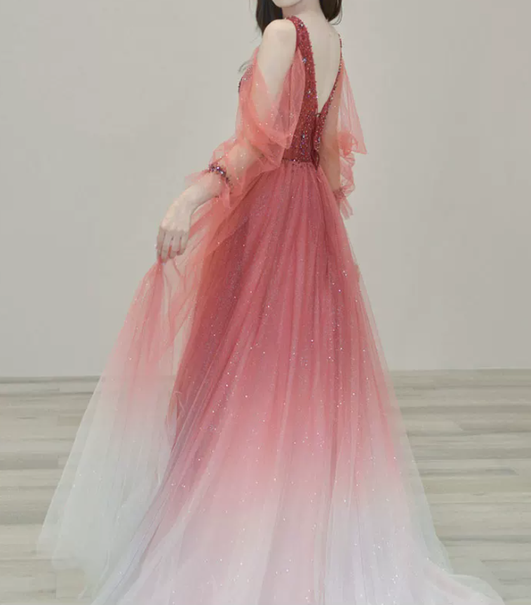 Attractive Gradient Red Prom Dress Sequins Tulle A-Line Evening Dress C8850