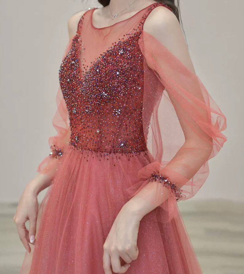 Attractive Gradient Red Prom Dress Sequins Tulle A-Line Evening Dress C8850