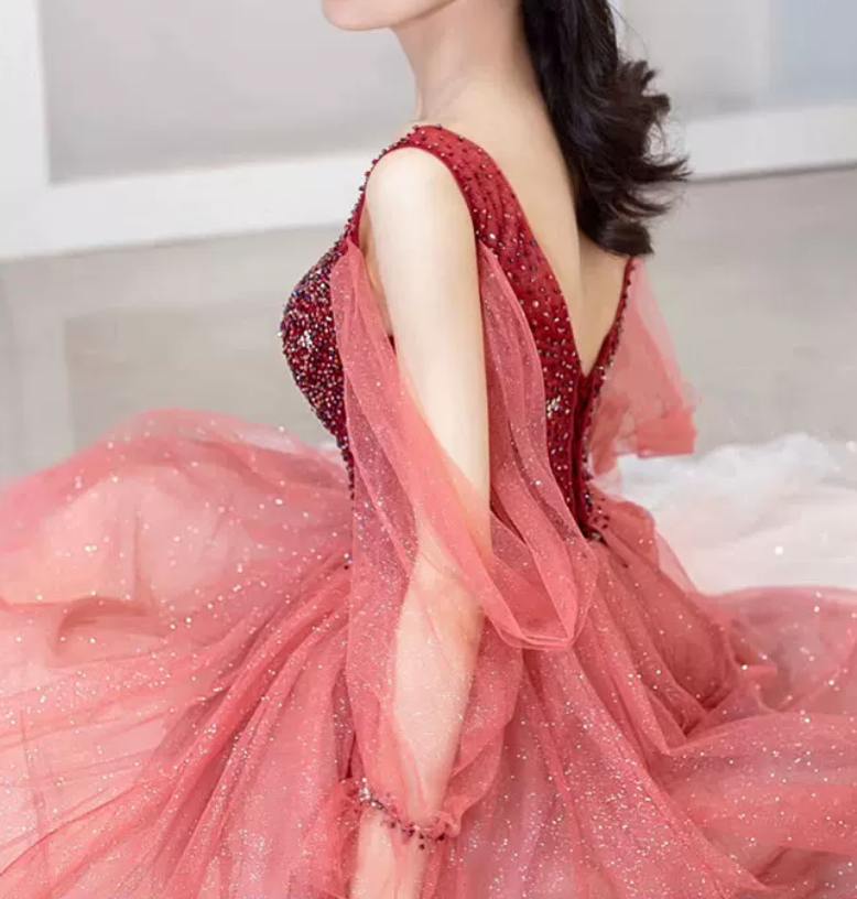 Attractive Gradient Red Prom Dress Sequins Tulle A-Line Evening Dress C8850