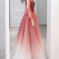 Attractive Gradient Red Prom Dress Sequins Tulle A-Line Evening Dress C8850