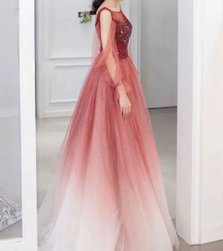 Attractive Gradient Red Prom Dress Sequins Tulle A-Line Evening Dress C8850