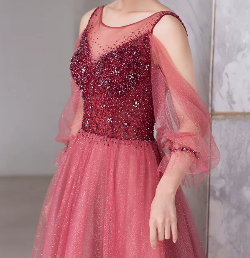 Attractive Gradient Red Prom Dress Sequins Tulle A-Line Evening Dress C8850