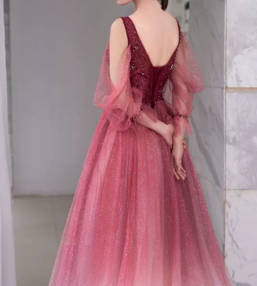 Attractive Gradient Red Prom Dress Sequins Tulle A-Line Evening Dress C8850