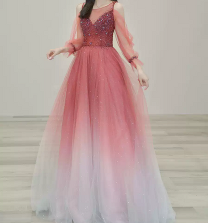 Attractive Gradient Red Prom Dress Sequins Tulle A-Line Evening Dress C8850