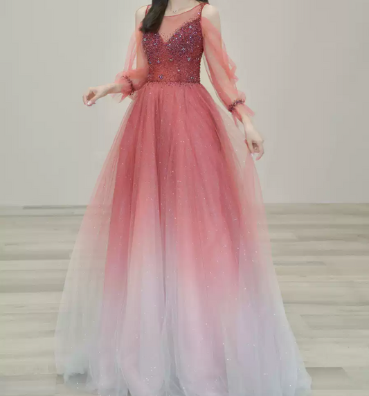 Attractive Gradient Red Prom Dress Sequins Tulle A-Line Evening Dress C8850