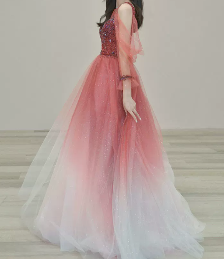 Attractive Gradient Red Prom Dress Sequins Tulle A-Line Evening Dress C8850