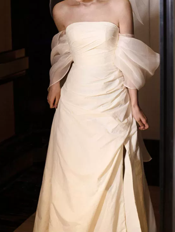 Elegant Off-Shoulder Satin Wedding Dresses High Slit Mermaid Bridal Dress C8851