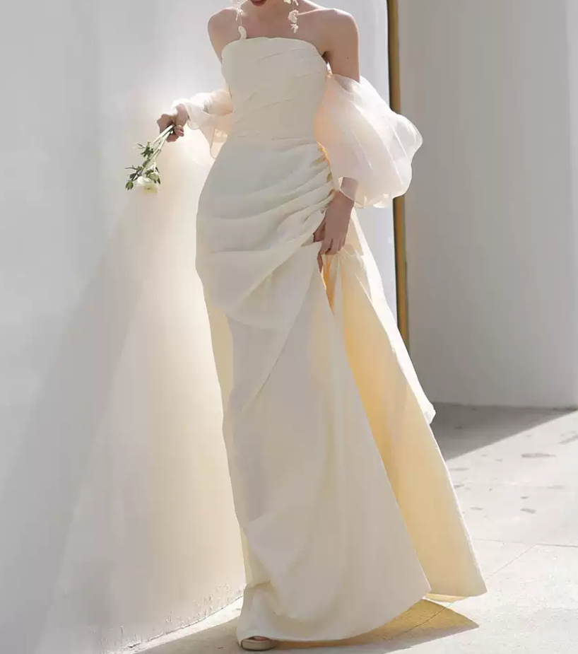 Elegant Off-Shoulder Satin Wedding Dresses High Slit Mermaid Bridal Dress C8851