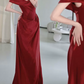 Simple Off-Shoulder Red Prom Dress Satin Sheath Evening Dress C8852