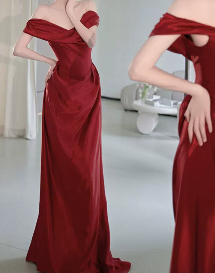 Simple Off-Shoulder Red Prom Dress Satin Sheath Evening Dress C8852