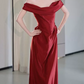 Simple Off-Shoulder Red Prom Dress Satin Sheath Evening Dress C8852