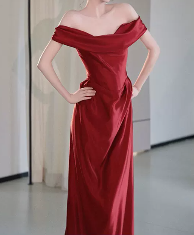 Simple Off-Shoulder Red Prom Dress Satin Sheath Evening Dress C8852